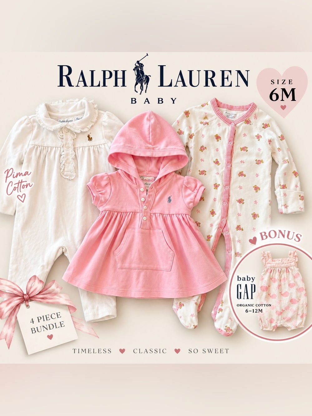 Ralph Lauren Baby Girl 6M 3 Piece Bundle Polo Bear Pima Cotton + Gap Bonus